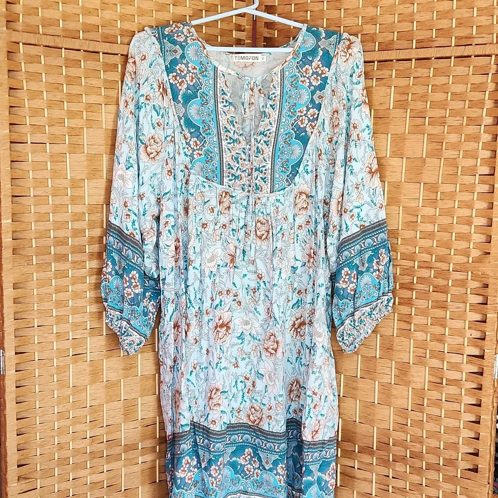 Temofon, Bohemian Teal, Blue, Brown, Floral Fall, Spring Longsleeve Dress Sz XL - Picture 2 of 10